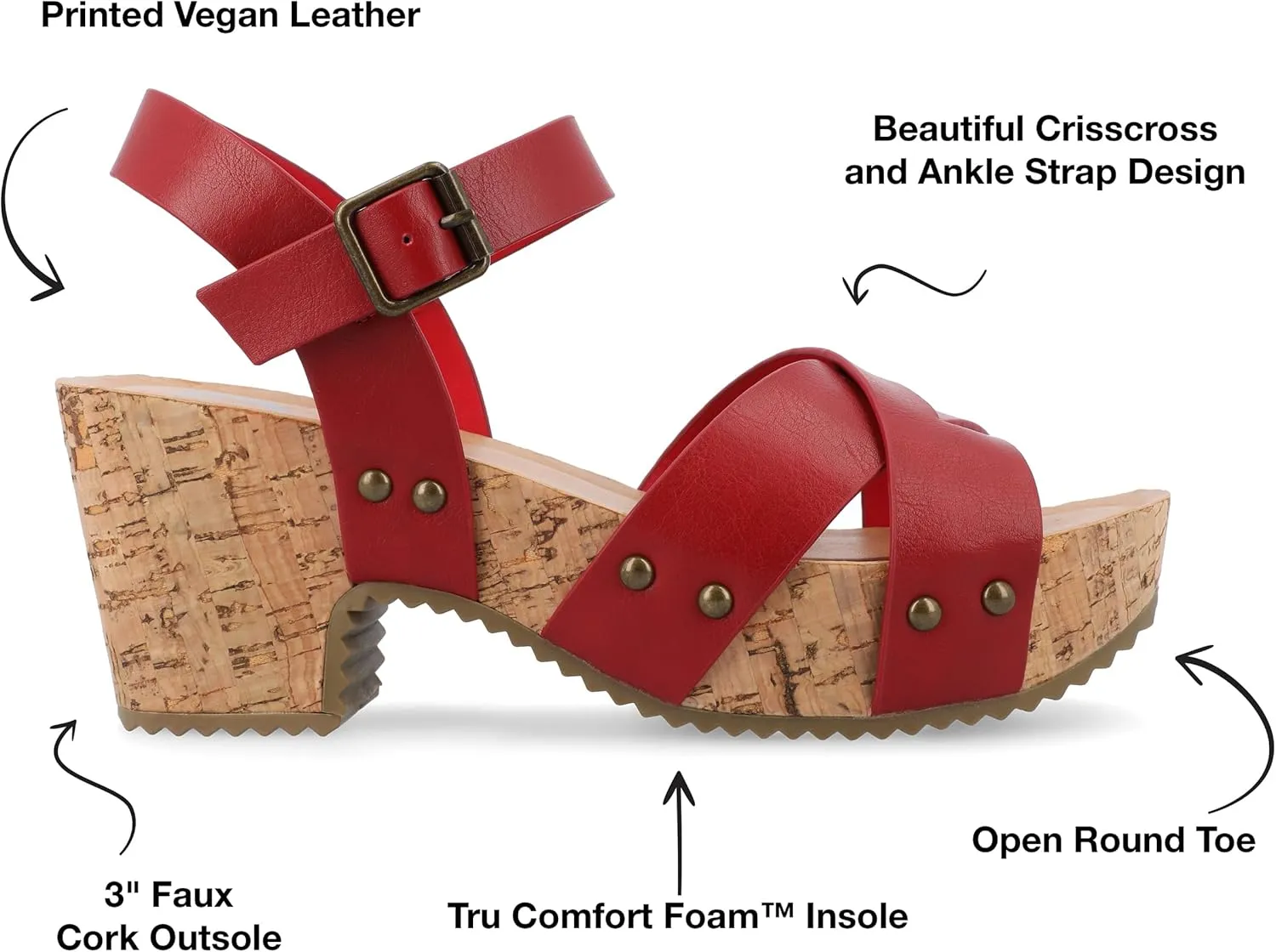 Journee Womens Crisscross Studded Chunky Block Cork Heel Buckle Ankle Strap Open Round Toe Valentina Platform