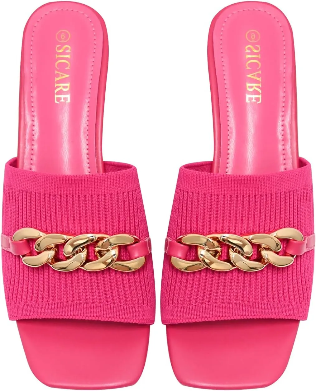 Kitten Heels for Women - Square Open Toe Heeled Mules - Elastic Knit Low Heels - Dressy Sandals - Chain Comfortable Slip on Casual Mule Sandals - Black, Nude, Pink