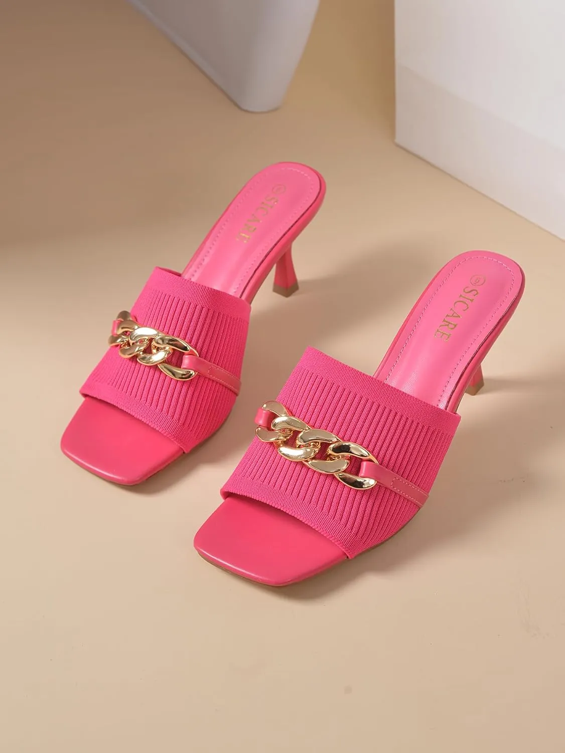 Kitten Heels for Women - Square Open Toe Heeled Mules - Elastic Knit Low Heels - Dressy Sandals - Chain Comfortable Slip on Casual Mule Sandals - Black, Nude, Pink