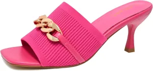 Kitten Heels for Women - Square Open Toe Heeled Mules - Elastic Knit Low Heels - Dressy Sandals - Chain Comfortable Slip on Casual Mule Sandals - Black, Nude, Pink