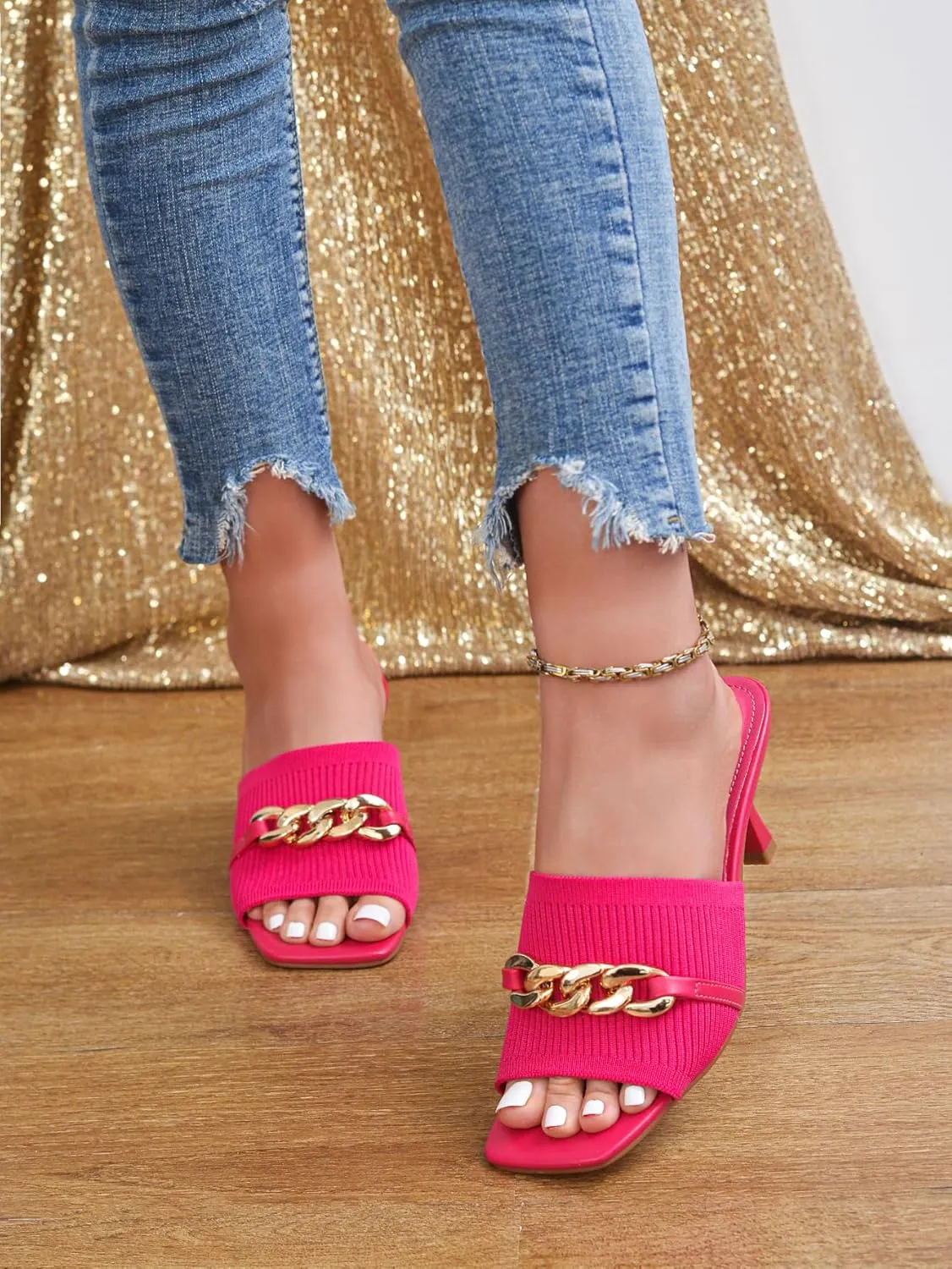 Kitten Heels for Women - Square Open Toe Heeled Mules - Elastic Knit Low Heels - Dressy Sandals - Chain Comfortable Slip on Casual Mule Sandals - Black, Nude, Pink