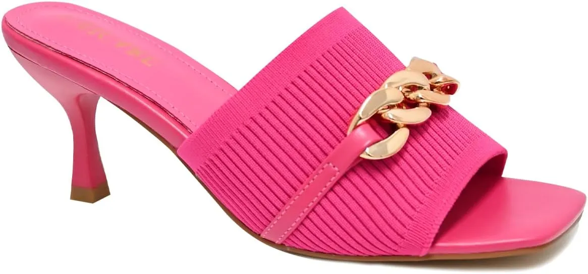 Kitten Heels for Women - Square Open Toe Heeled Mules - Elastic Knit Low Heels - Dressy Sandals - Chain Comfortable Slip on Casual Mule Sandals - Black, Nude, Pink