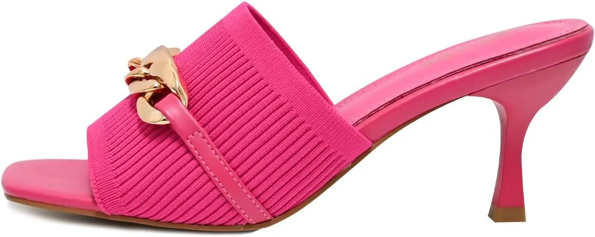Kitten Heels for Women - Square Open Toe Heeled Mules - Elastic Knit Low Heels - Dressy Sandals - Chain Comfortable Slip on Casual Mule Sandals - Black, Nude, Pink