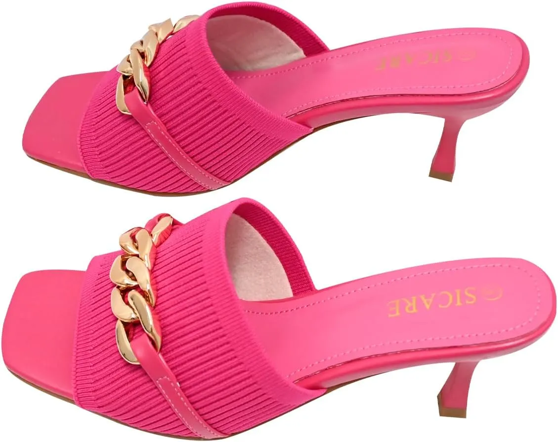 Kitten Heels for Women - Square Open Toe Heeled Mules - Elastic Knit Low Heels - Dressy Sandals - Chain Comfortable Slip on Casual Mule Sandals - Black, Nude, Pink