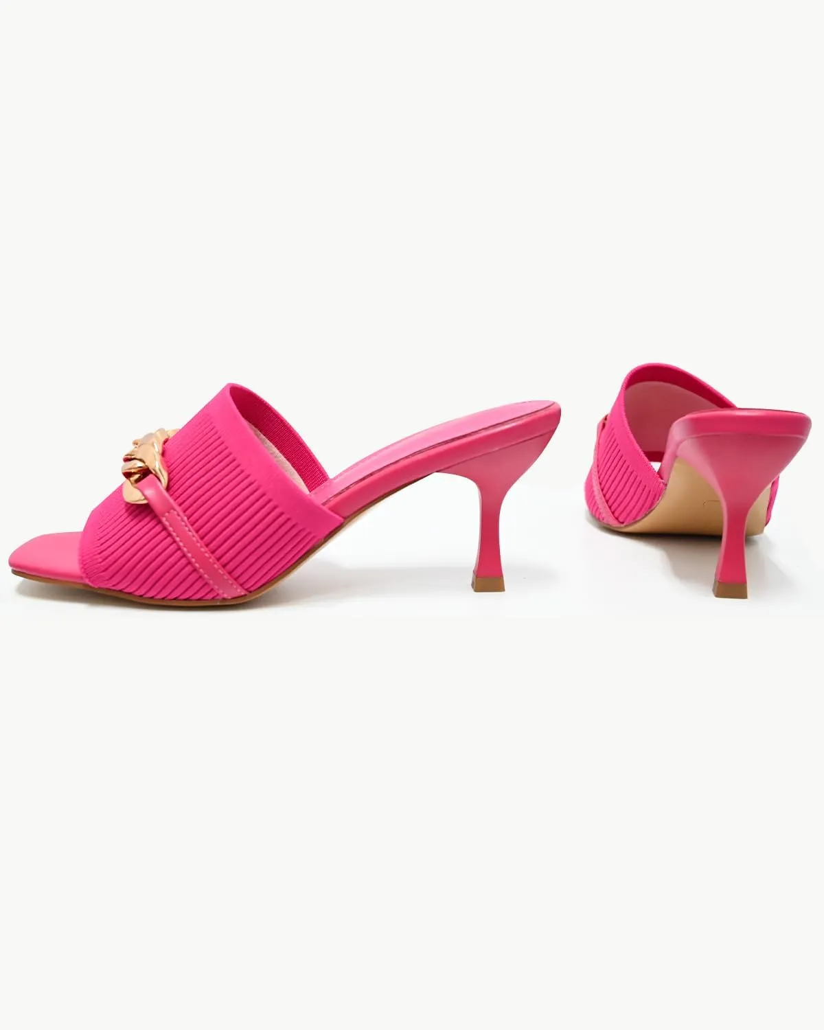Kitten Heels for Women - Square Open Toe Heeled Mules - Elastic Knit Low Heels - Dressy Sandals - Chain Comfortable Slip on Casual Mule Sandals - Black, Nude, Pink