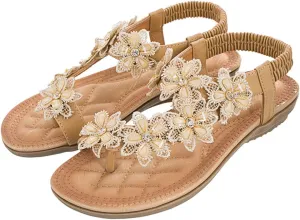 Ladies Flower Accessory Round Toe Thong Flat Beach Sandals,Summer Bohemian Elastic Ankle Strap Comfortable Flower Sandals.