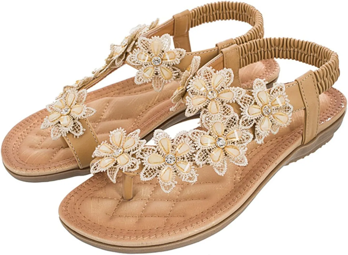 Ladies Flower Accessory Round Toe Thong Flat Beach Sandals,Summer Bohemian Elastic Ankle Strap Comfortable Flower Sandals.