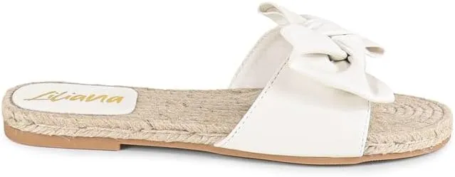 Liliana Women's Fashionable Espadrille Slider with Single Bow Detail Slip-On Sandal - Summer Comfortable Flat Casual Beach Footwear, AILEEN-3