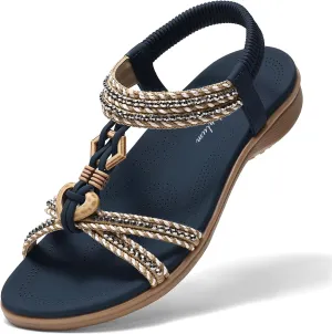 Littleplum Women Sandals Comfortable Braided Summer Flat Slides Arch Support Beach Dressy Sandals Ankle Elastic Shoes