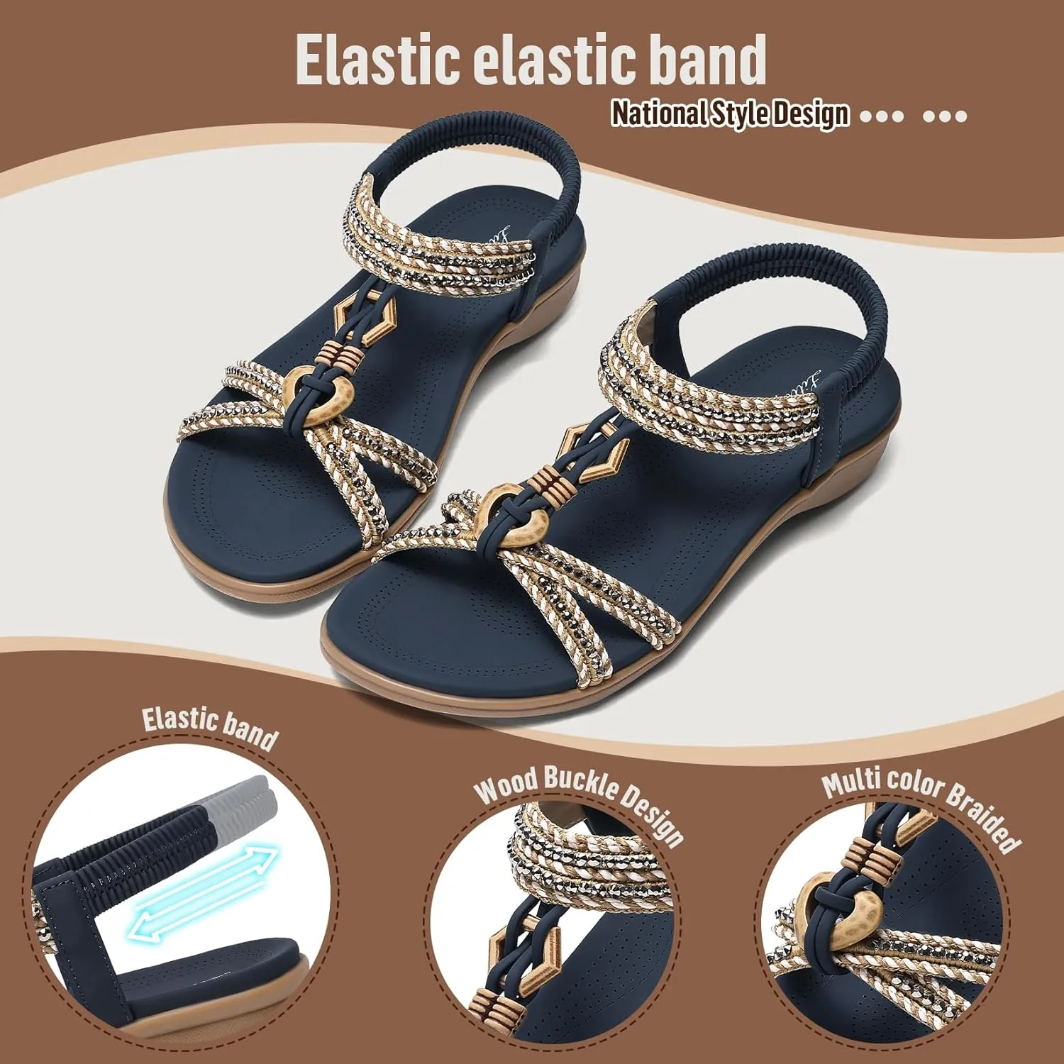 Littleplum Women Sandals Comfortable Braided Summer Flat Slides Arch Support Beach Dressy Sandals Ankle Elastic Shoes