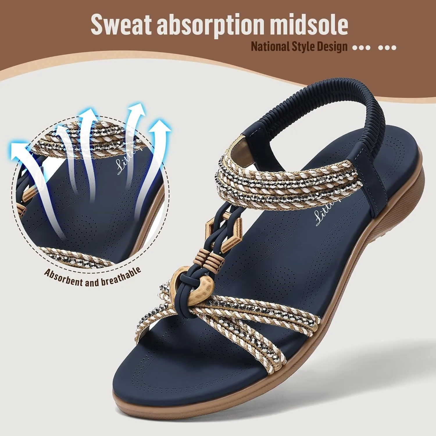 Littleplum Women Sandals Comfortable Braided Summer Flat Slides Arch Support Beach Dressy Sandals Ankle Elastic Shoes