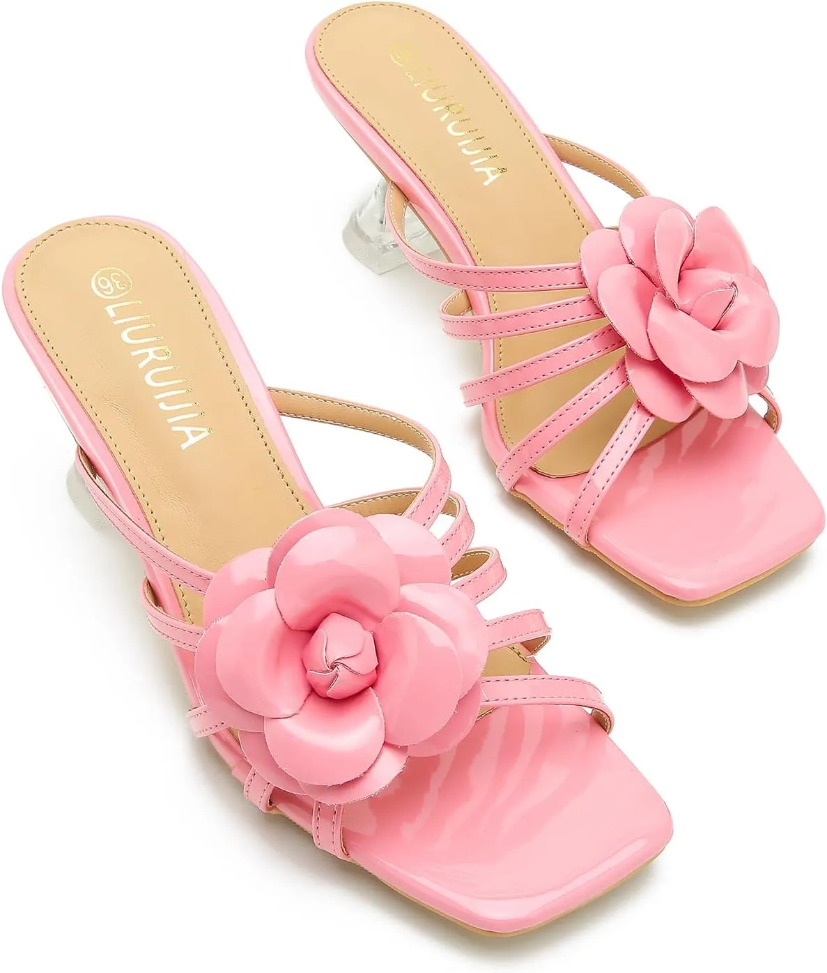 LIURUIJIA Women's Flowers Wedding Mule Heels Sandals Cute Square Toe Low Kitten Hees Slip On Party Dress Shoess