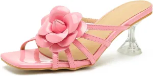 LIURUIJIA Women's Flowers Wedding Mule Heels Sandals Cute Square Toe Low Kitten Hees Slip On Party Dress Shoess