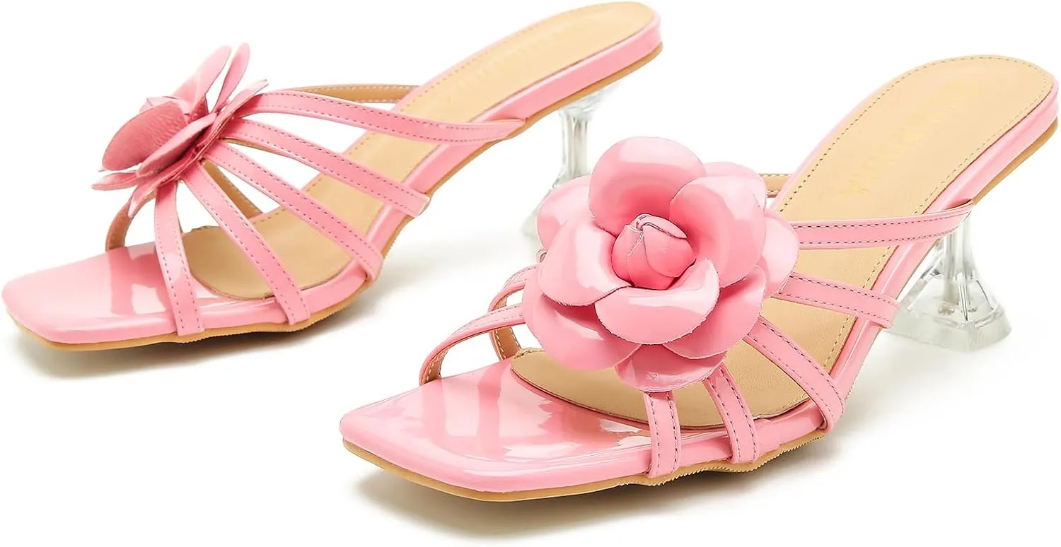 LIURUIJIA Women's Flowers Wedding Mule Heels Sandals Cute Square Toe Low Kitten Hees Slip On Party Dress Shoess