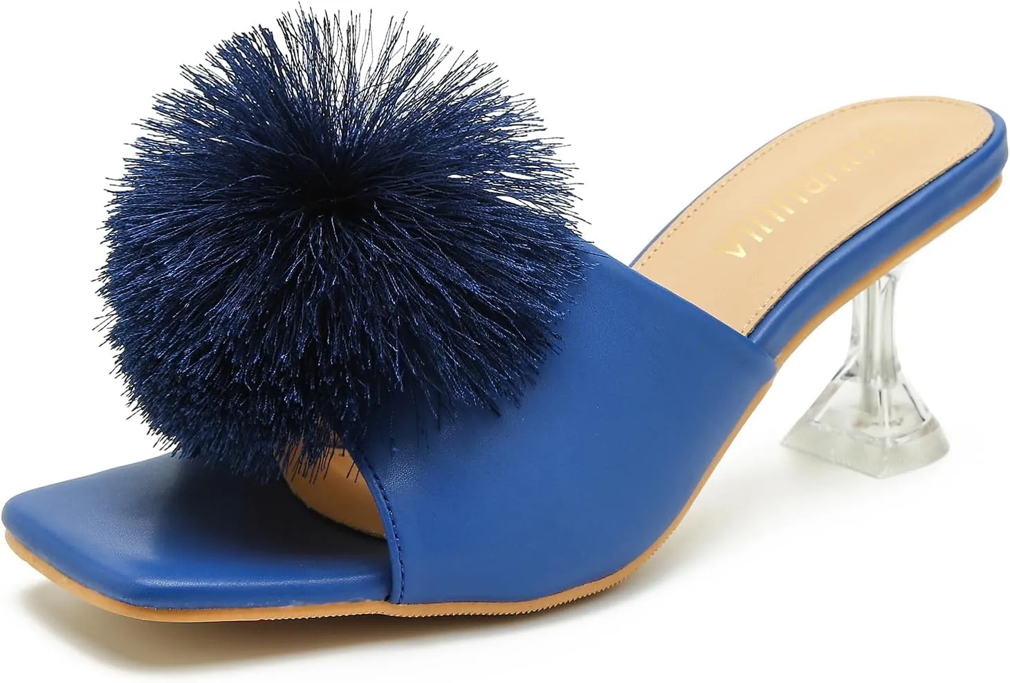 LIURUIJIA Womens Pom Poms Mule Heels Sandals Comfortable Square Toe Low Heels Party Wedding Shoes