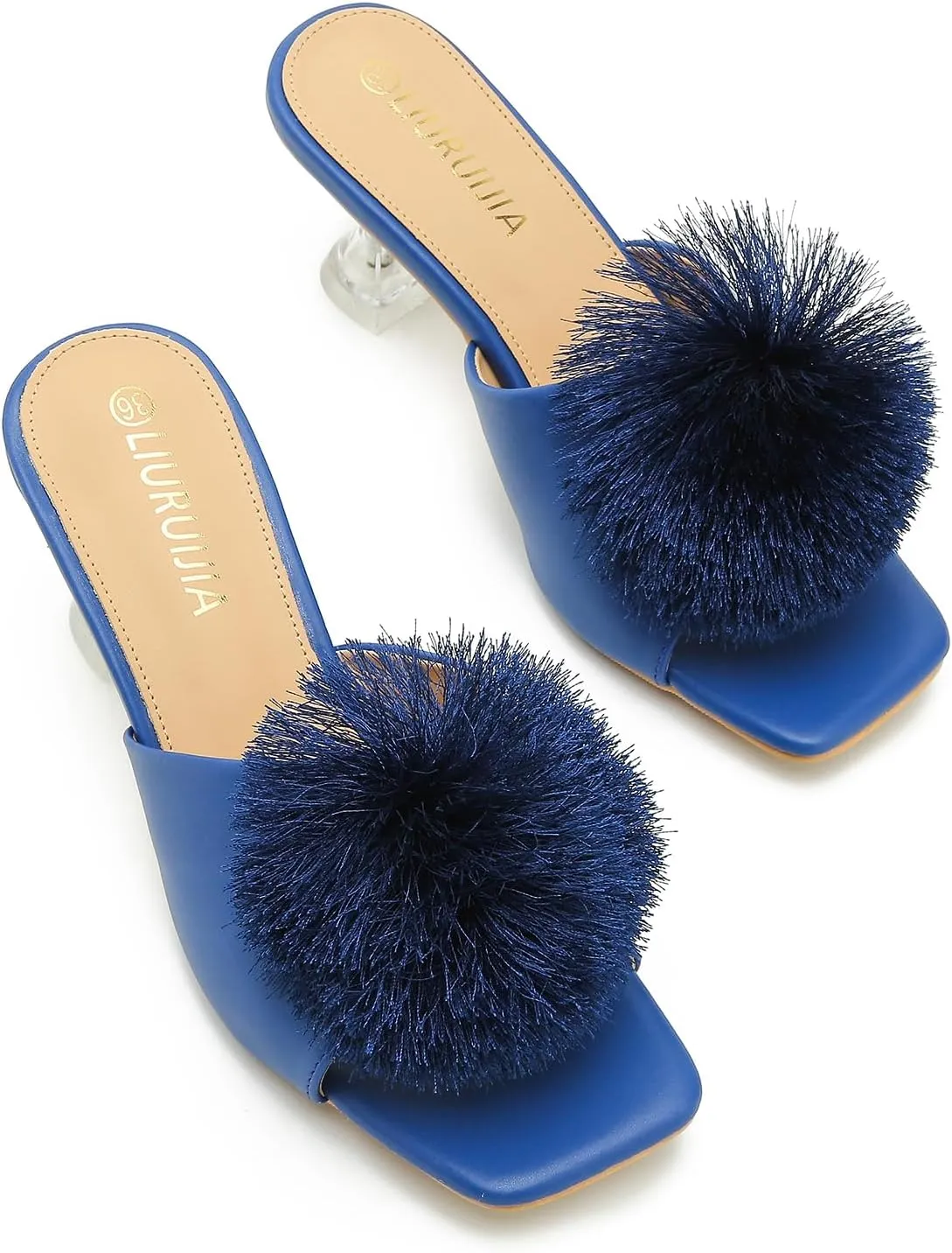 LIURUIJIA Womens Pom Poms Mule Heels Sandals Comfortable Square Toe Low Heels Party Wedding Shoes