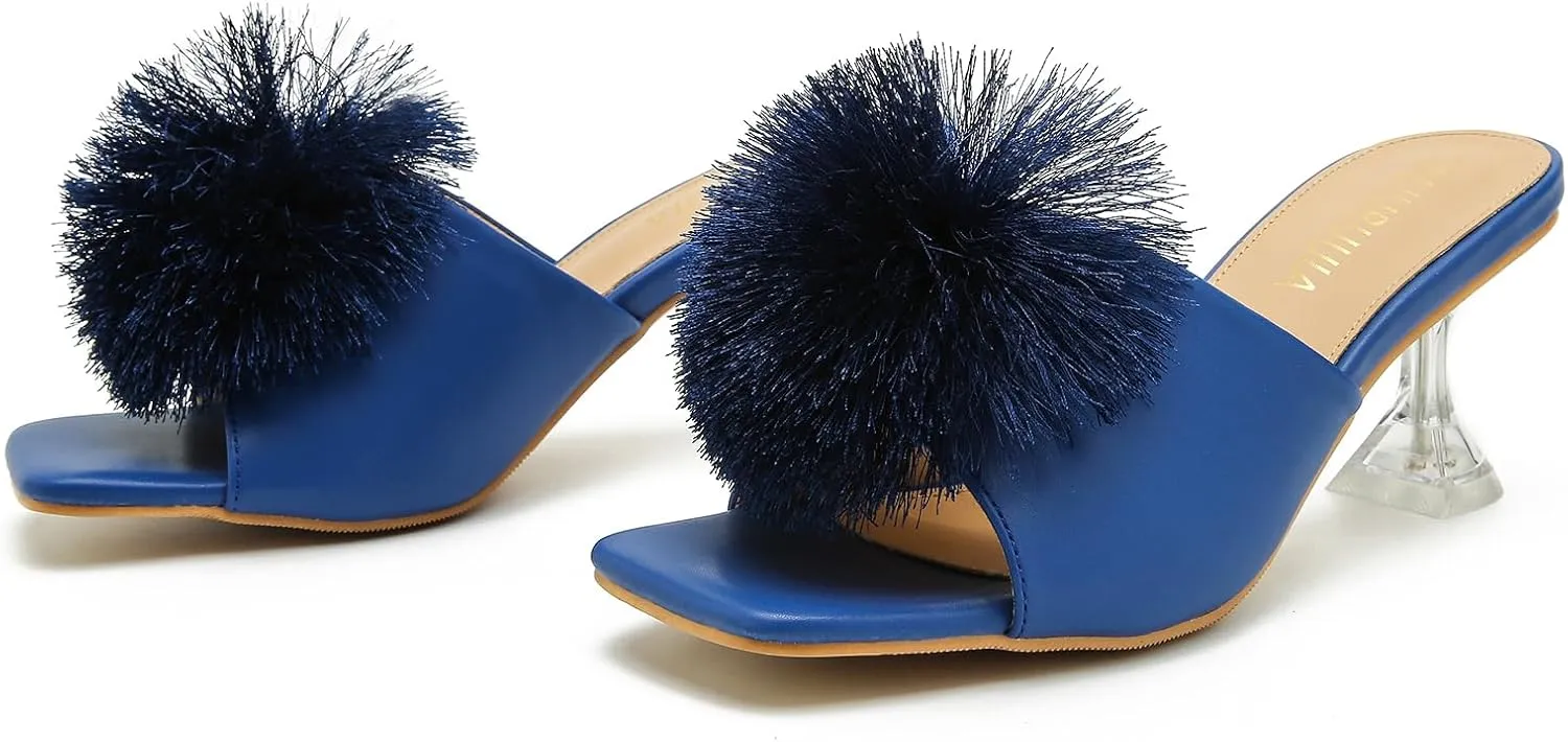 LIURUIJIA Womens Pom Poms Mule Heels Sandals Comfortable Square Toe Low Heels Party Wedding Shoes