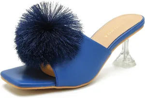 LIURUIJIA Womens Pom Poms Mule Heels Sandals Comfortable Square Toe Low Heels Party Wedding Shoes