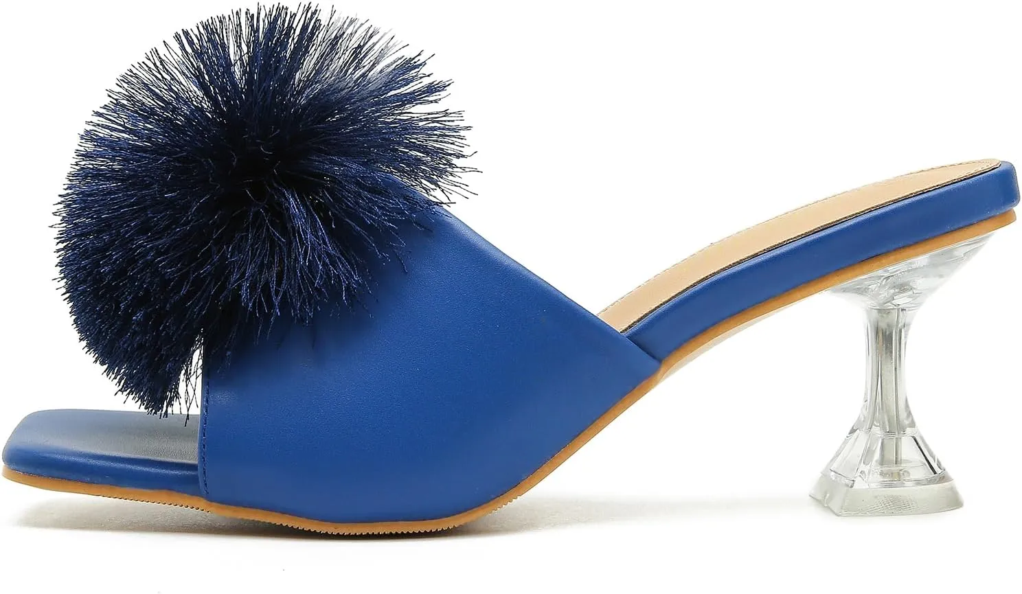 LIURUIJIA Womens Pom Poms Mule Heels Sandals Comfortable Square Toe Low Heels Party Wedding Shoes