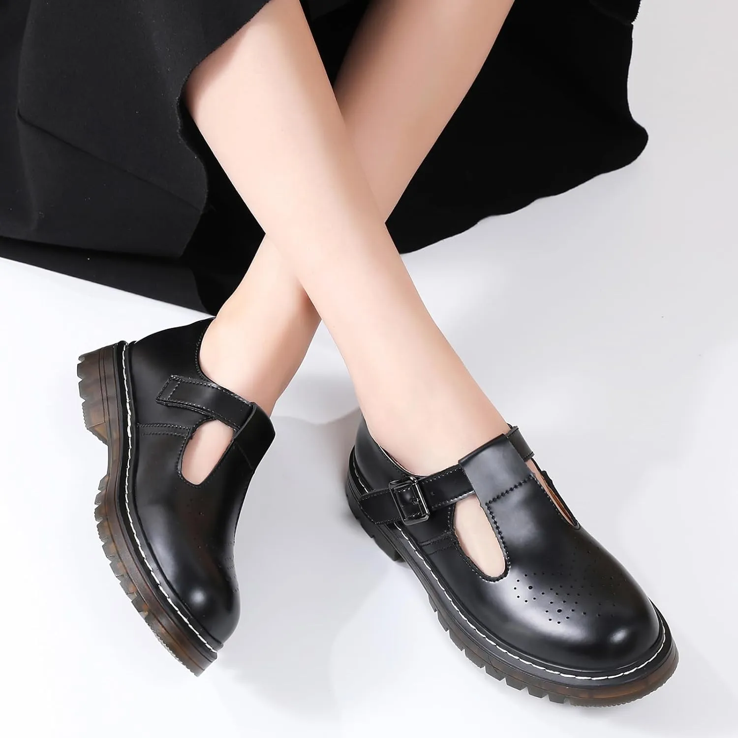 Mary Jane Shoes Women Platform Non-Slip Classics Round Toe Ankle Strap Comfort Casual Oxford Dress Work Mary Jane Flat Shoes