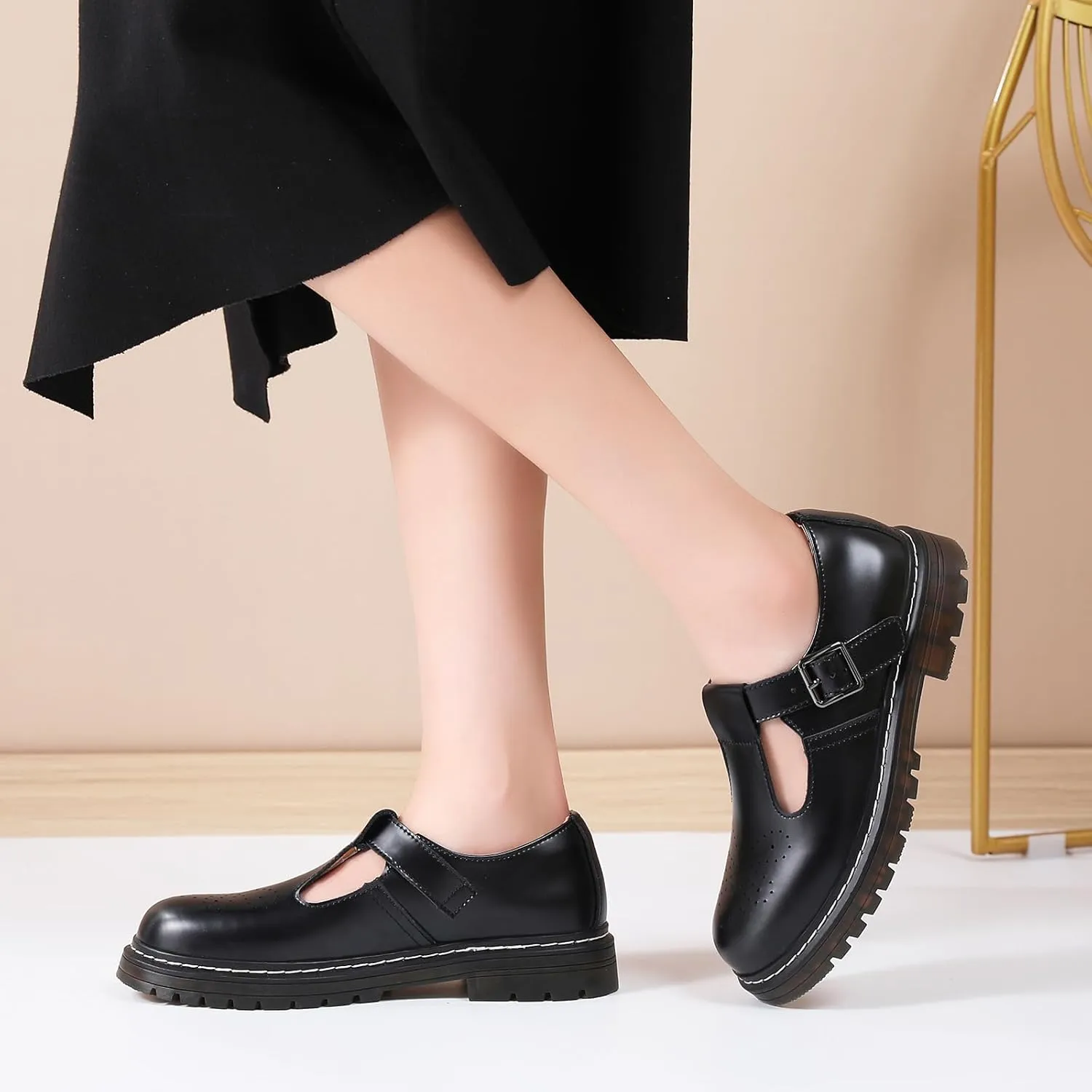 Mary Jane Shoes Women Platform Non-Slip Classics Round Toe Ankle Strap Comfort Casual Oxford Dress Work Mary Jane Flat Shoes