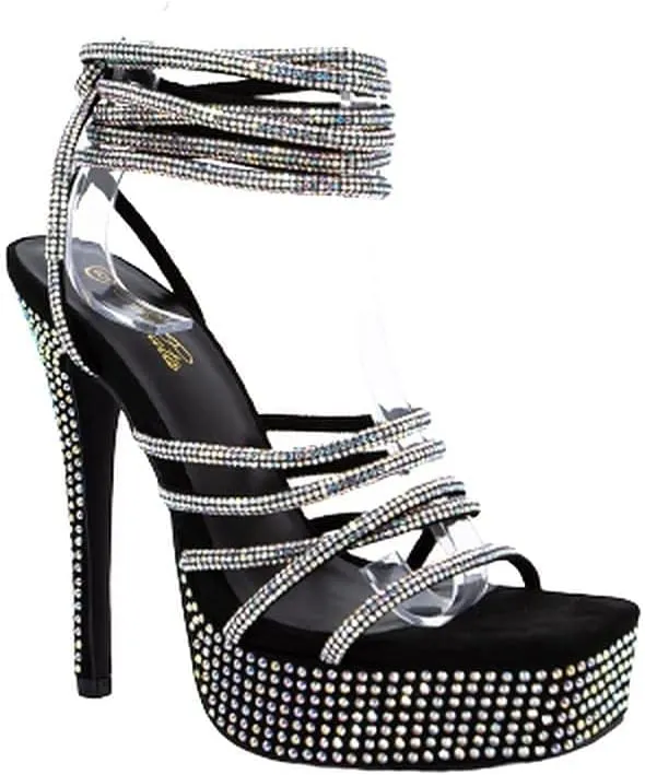 Mata Shoes Women's Lace Up Platform Heels Rhinestone Stiletto High Heel Sandals