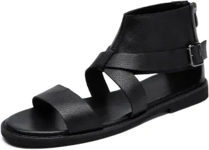 Men's Leather Gladiator Sandals Ankle Strap Flat Sandals with Back Zipper Buckle Casual Summer Footwear High Top Outdoor Beach Shoes
