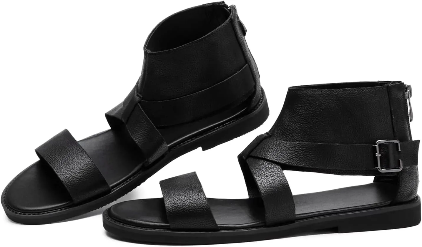Men's Leather Gladiator Sandals Ankle Strap Flat Sandals with Back Zipper Buckle Casual Summer Footwear High Top Outdoor Beach Shoes