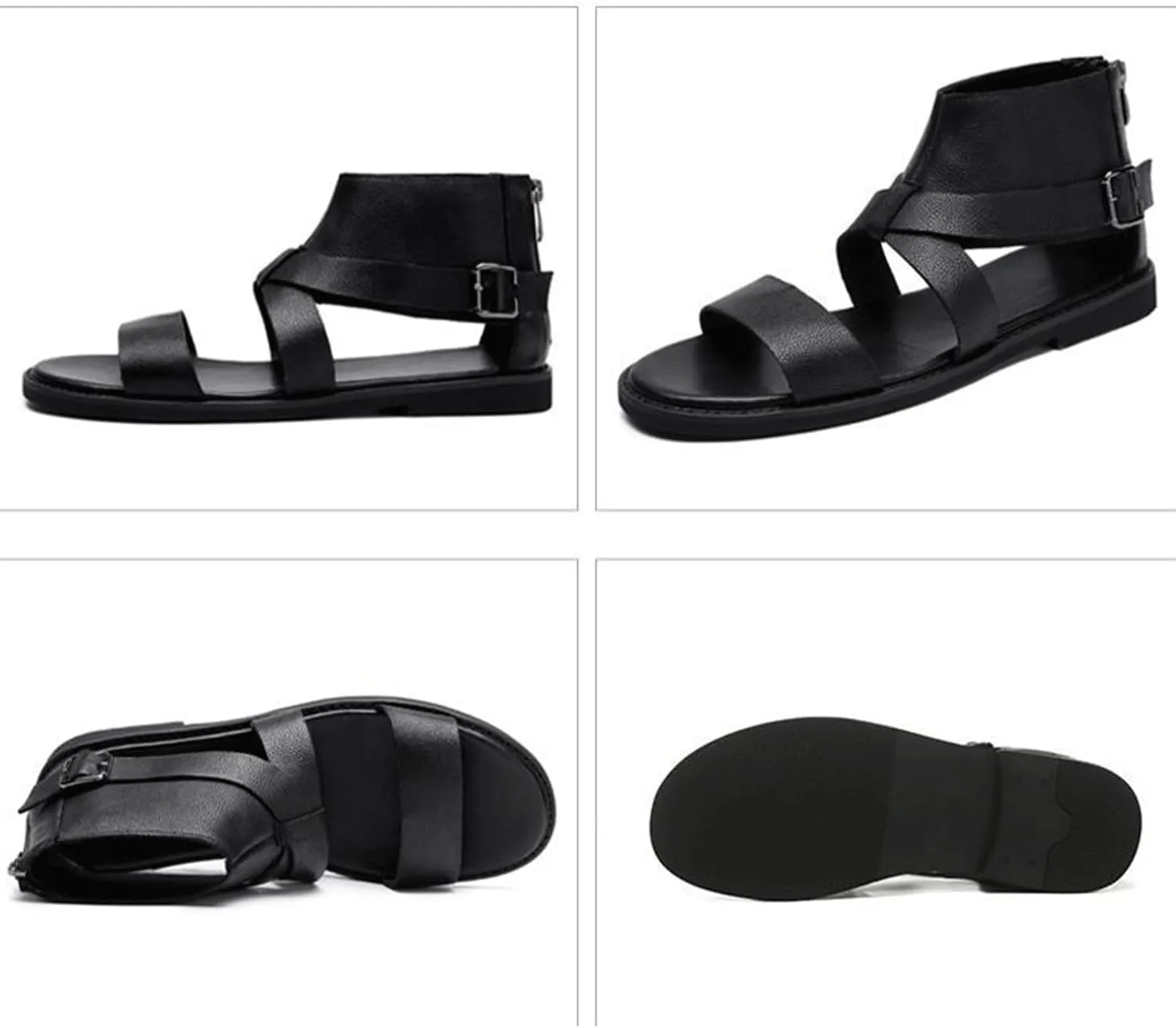 Men's Leather Gladiator Sandals Ankle Strap Flat Sandals with Back Zipper Buckle Casual Summer Footwear High Top Outdoor Beach Shoes