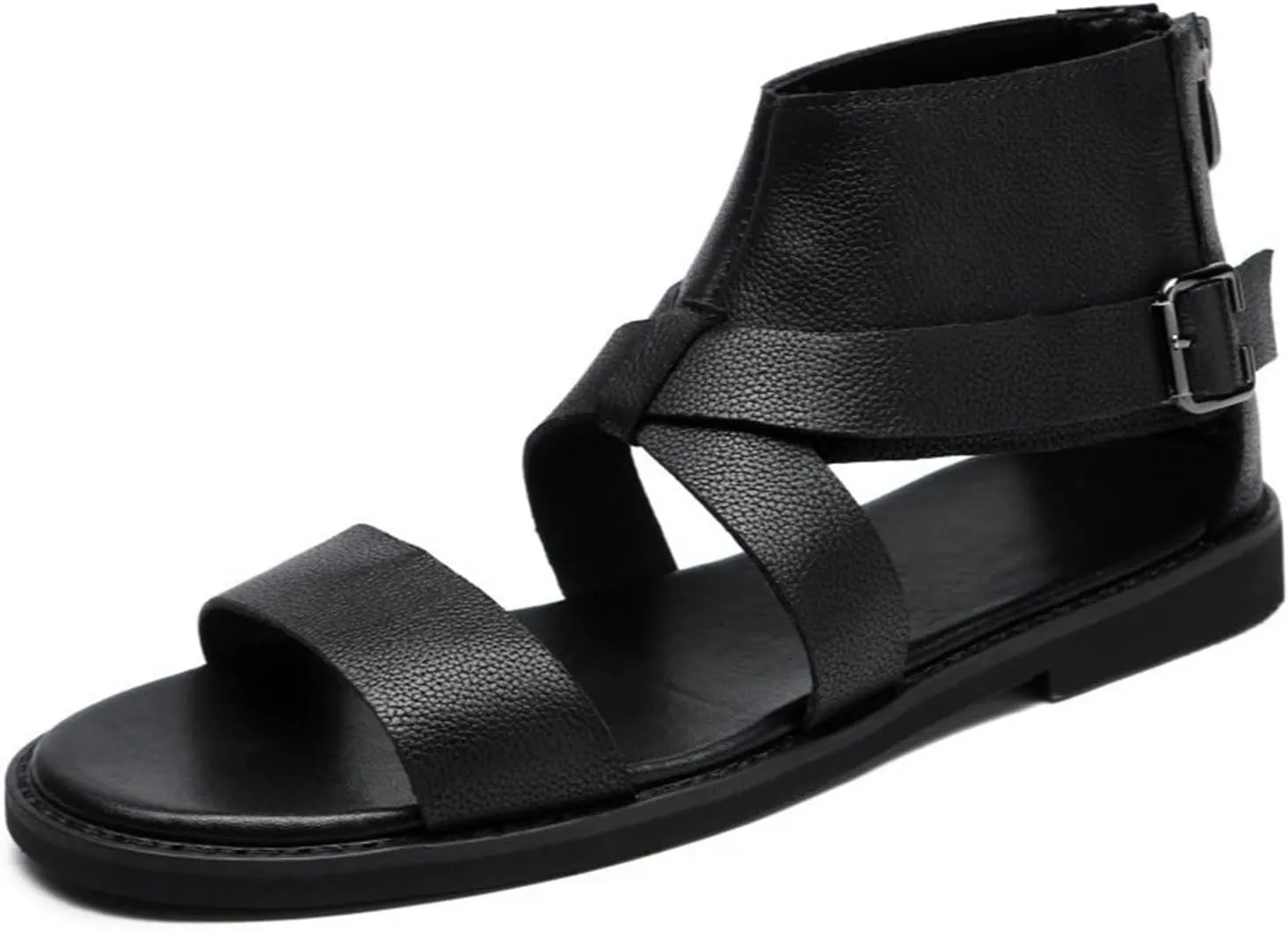 Men's Leather Gladiator Sandals Ankle Strap Flat Sandals with Back Zipper Buckle Casual Summer Footwear High Top Outdoor Beach Shoes