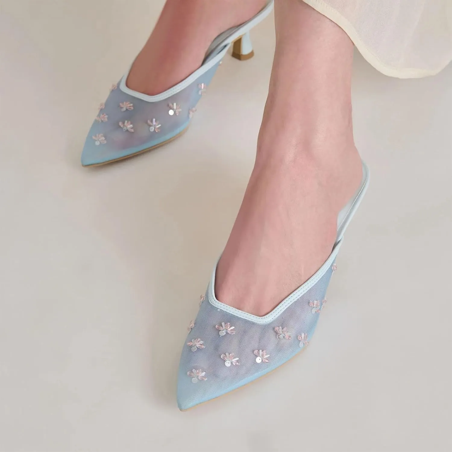 Mesh Kitten Heels Mules for Women Floral Closed Pointed Toe Slip on Low Heels Party Wedding Dressy Comfort Pumps Shoes