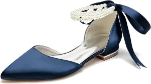 Minishion Beaded Wedding Flats Shoes for Women Girls Ankle Chain Evening Formal Pumps with Ribbon MS321