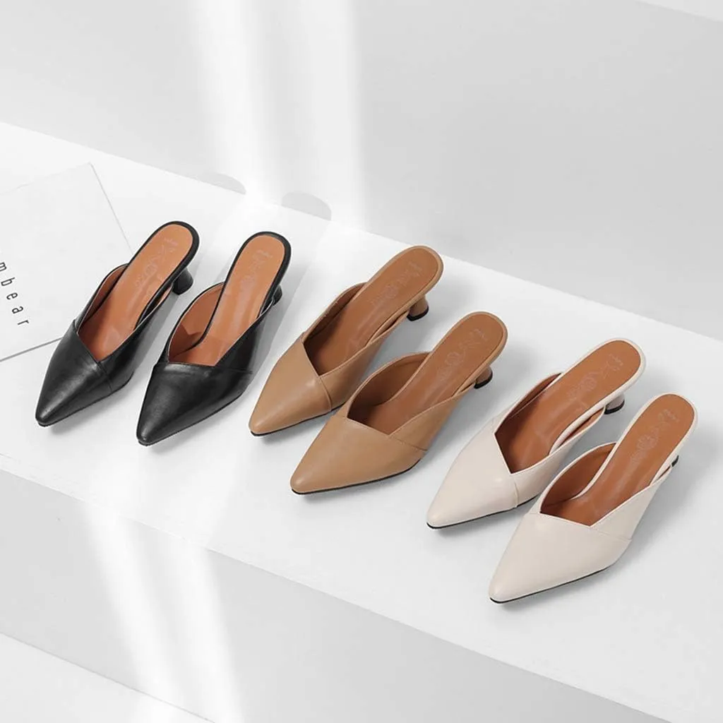 MIOKE Women's Pointed Toe Comfy Kitten Mules Low Heels Slip On Backless Pumps Slide Sandals Office Shoes