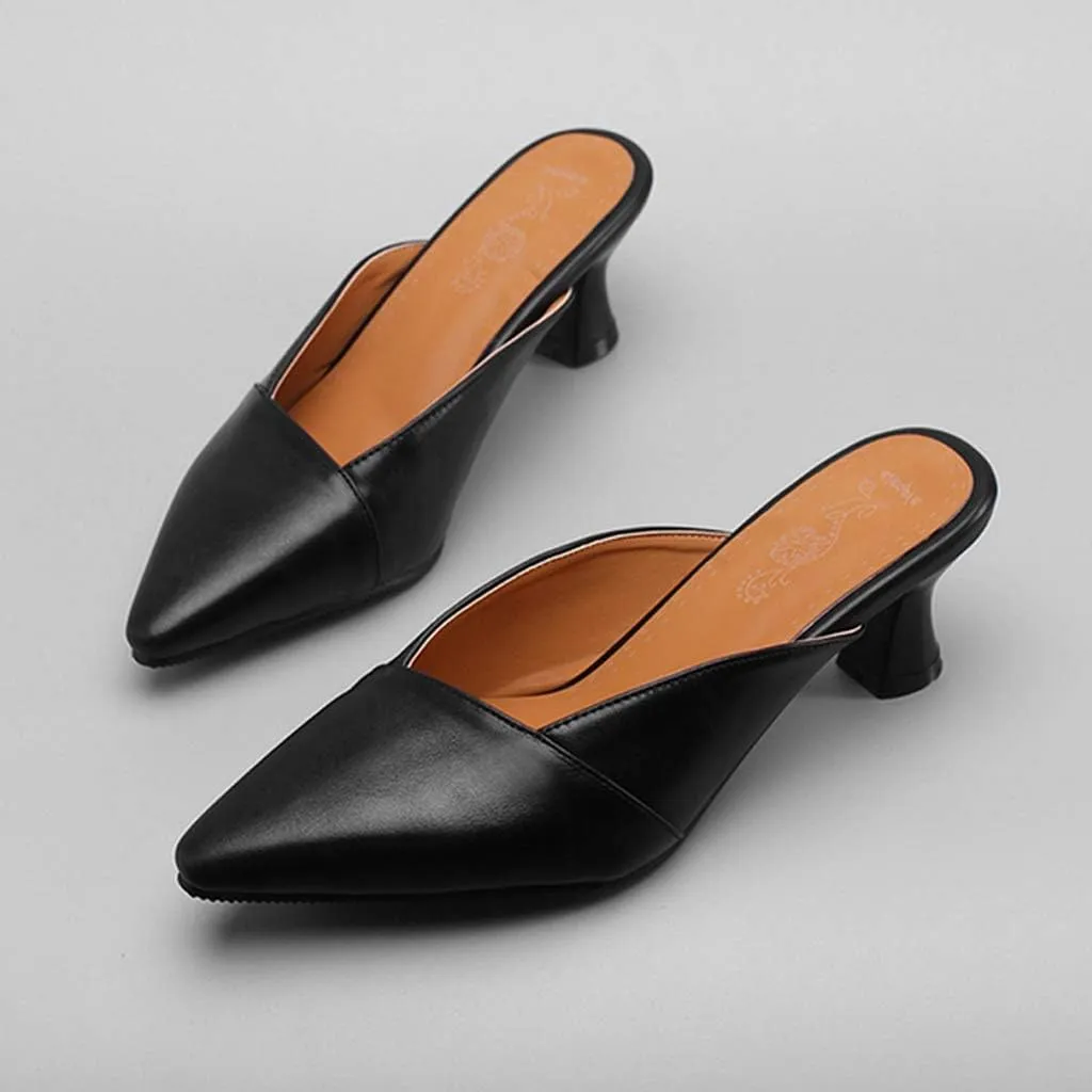 MIOKE Women's Pointed Toe Comfy Kitten Mules Low Heels Slip On Backless Pumps Slide Sandals Office Shoes