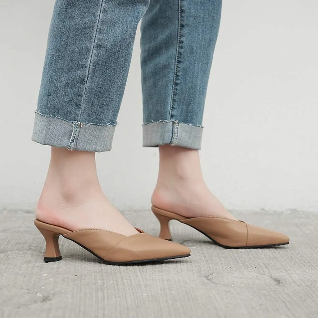MIOKE Women's Pointed Toe Comfy Kitten Mules Low Heels Slip On Backless Pumps Slide Sandals Office Shoes