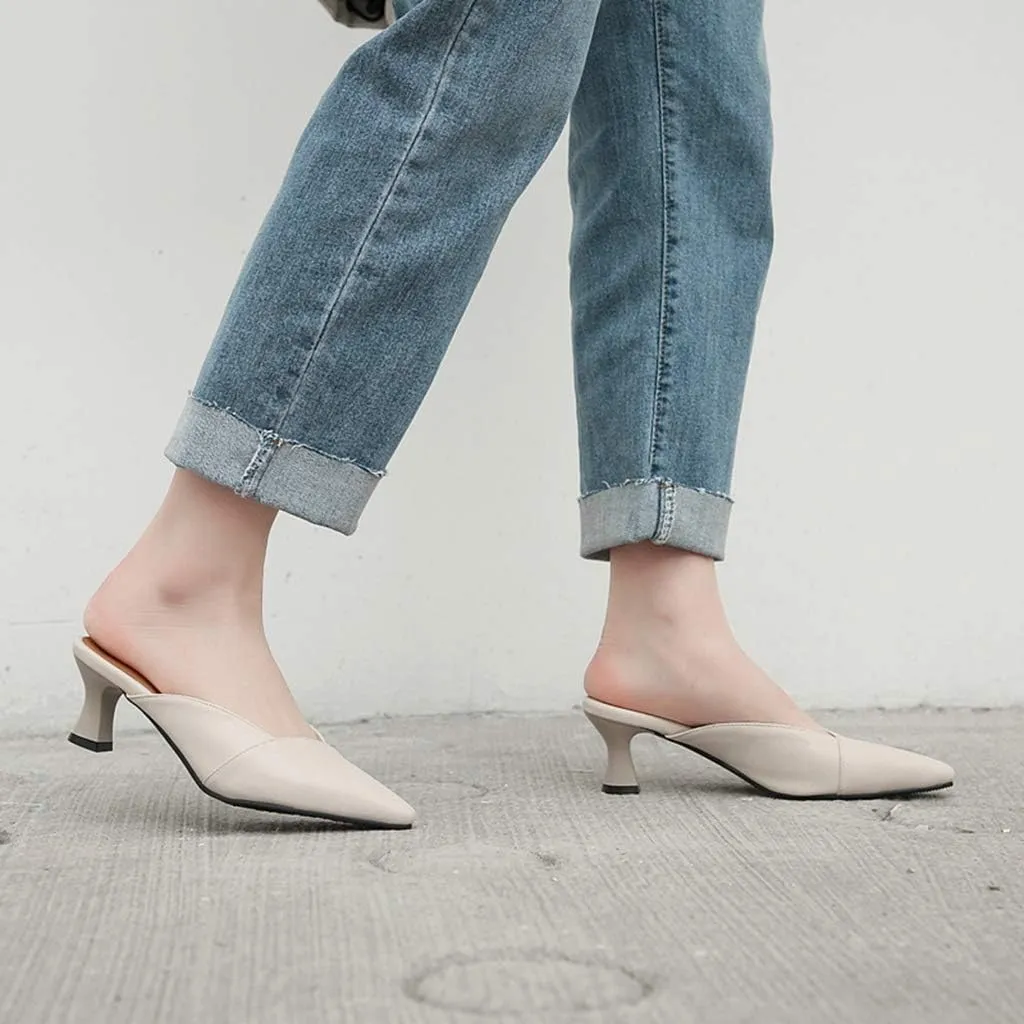 MIOKE Women's Pointed Toe Comfy Kitten Mules Low Heels Slip On Backless Pumps Slide Sandals Office Shoes