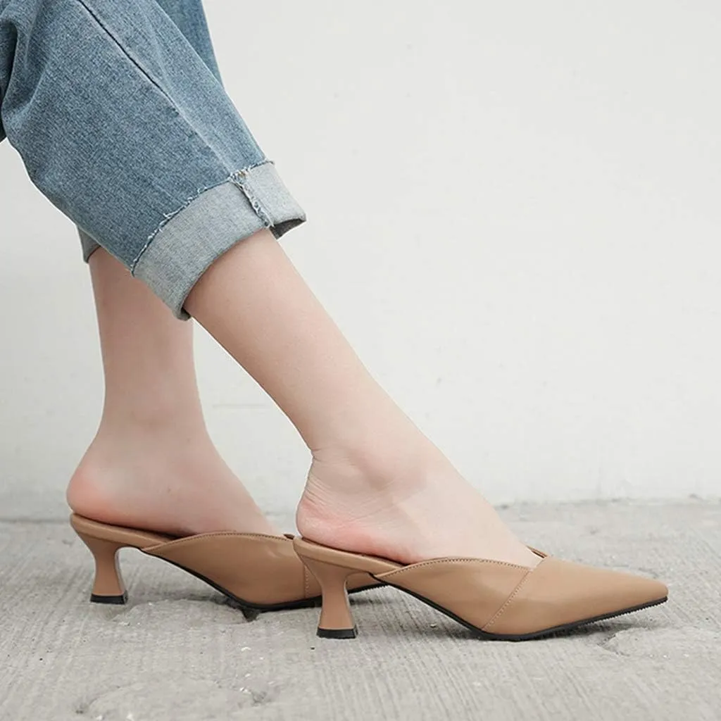 MIOKE Women's Pointed Toe Comfy Kitten Mules Low Heels Slip On Backless Pumps Slide Sandals Office Shoes