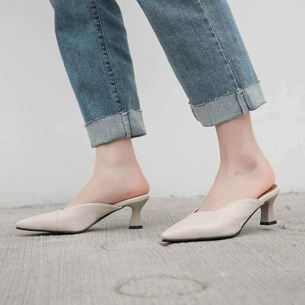 MIOKE Women's Pointed Toe Comfy Kitten Mules Low Heels Slip On Backless Pumps Slide Sandals Office Shoes