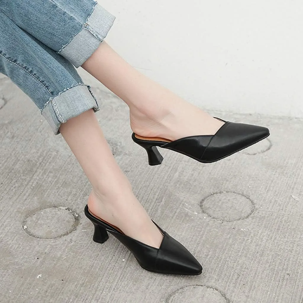 MIOKE Women's Pointed Toe Comfy Kitten Mules Low Heels Slip On Backless Pumps Slide Sandals Office Shoes