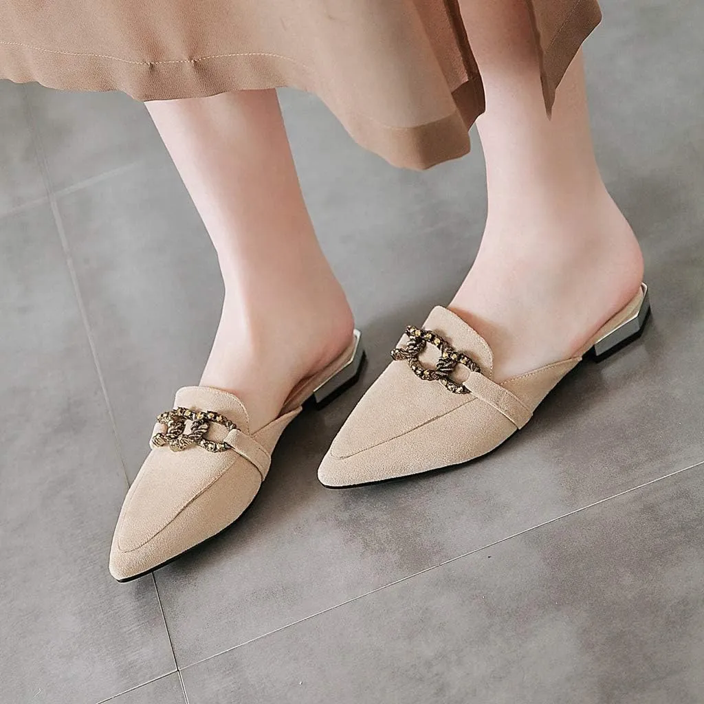 MIOKE Women's Pointed Toe Embroidered Floral Mules Flat Slip On Backless Loafer Low Heel Dress Mule Shoes