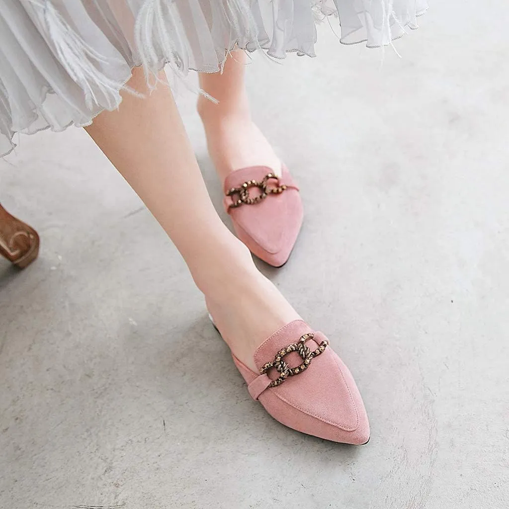 MIOKE Women's Pointed Toe Embroidered Floral Mules Flat Slip On Backless Loafer Low Heel Dress Mule Shoes