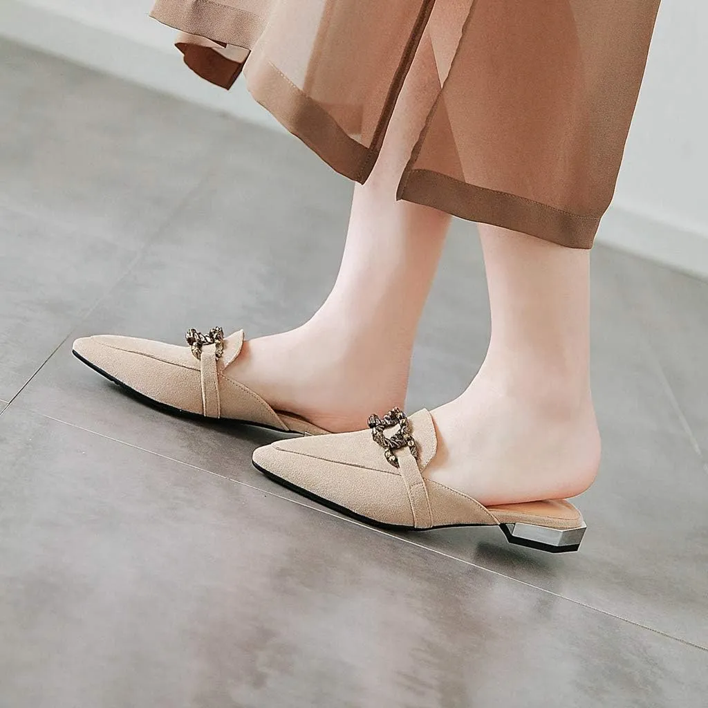 MIOKE Women's Pointed Toe Embroidered Floral Mules Flat Slip On Backless Loafer Low Heel Dress Mule Shoes