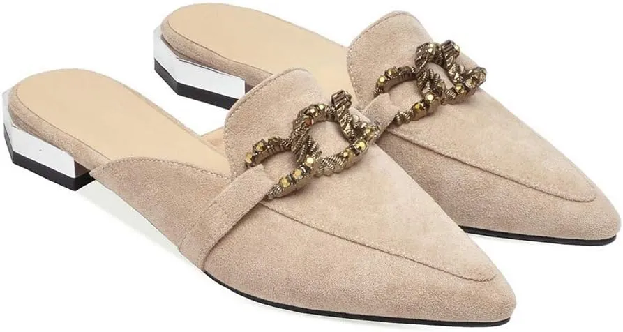 MIOKE Women's Pointed Toe Embroidered Floral Mules Flat Slip On Backless Loafer Low Heel Dress Mule Shoes