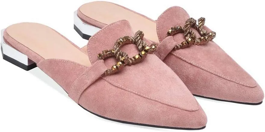 MIOKE Women's Pointed Toe Embroidered Floral Mules Flat Slip On Backless Loafer Low Heel Dress Mule Shoes