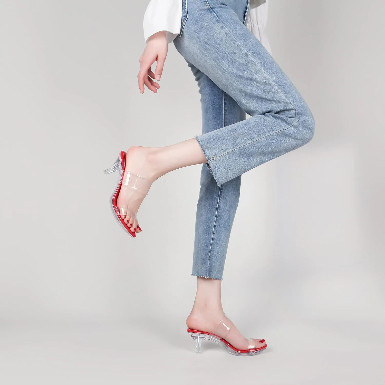 NBUUNBU Clear Heels for Women Silver Black Heels Little Platform Sexy High Heels Sandals Stiletto Kitten Open Toe Dress Shoes Comfortable Double Transparent Strap Heeled Sandals Mule