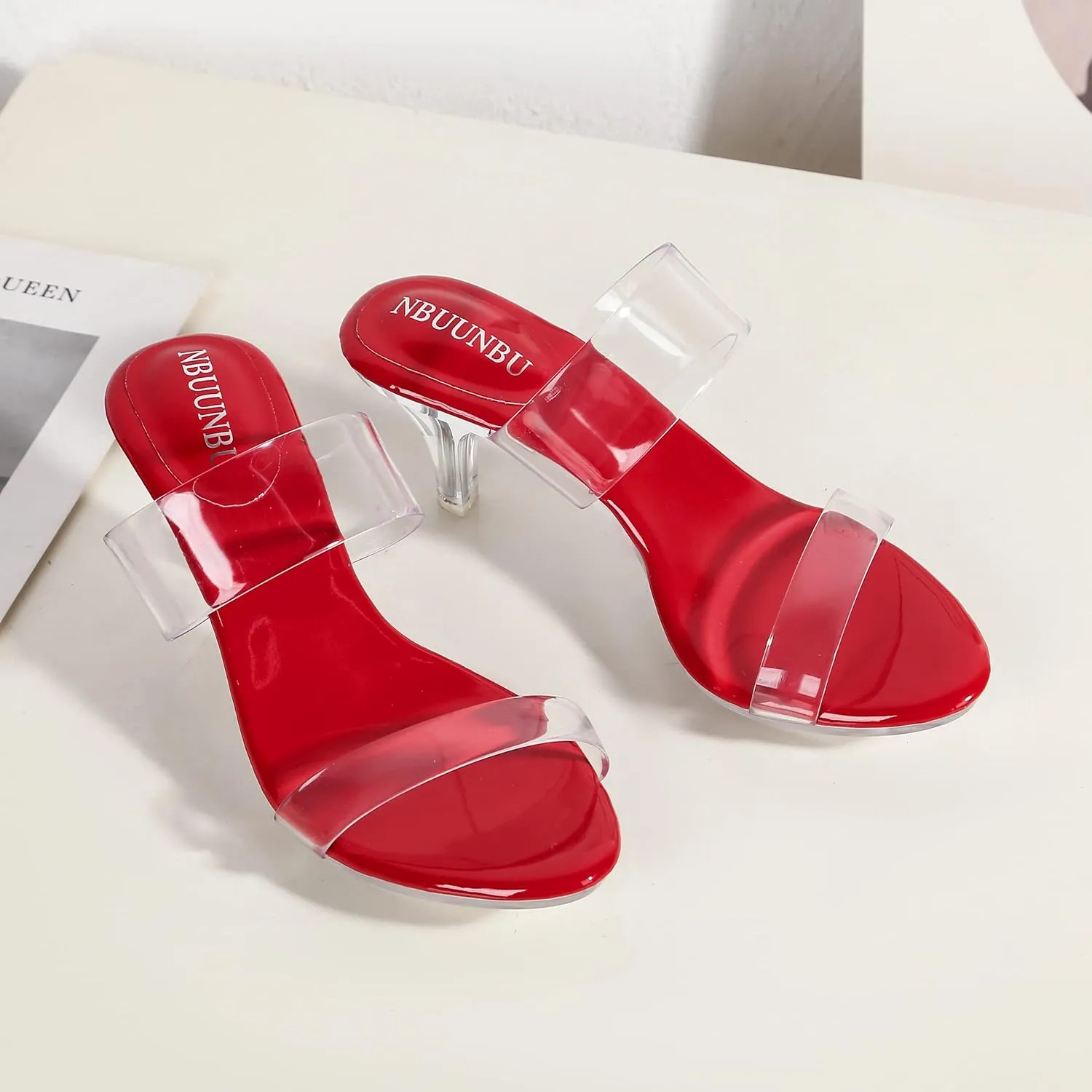 NBUUNBU Clear Heels for Women Silver Black Heels Little Platform Sexy High Heels Sandals Stiletto Kitten Open Toe Dress Shoes Comfortable Double Transparent Strap Heeled Sandals Mule
