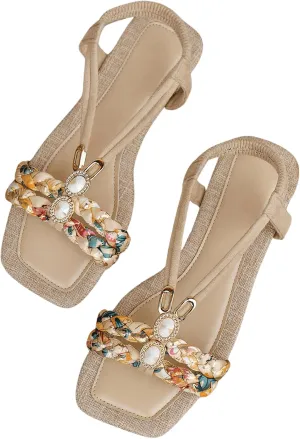 OYOANGLE Women's Floral Braided Slingback Sandals Boho Square Open Toe Slip On Ankle Strap Flat Sandals