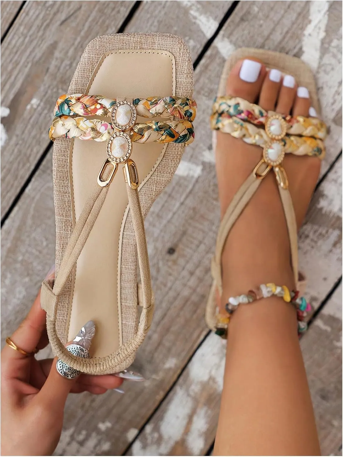 OYOANGLE Women's Floral Braided Slingback Sandals Boho Square Open Toe Slip On Ankle Strap Flat Sandals