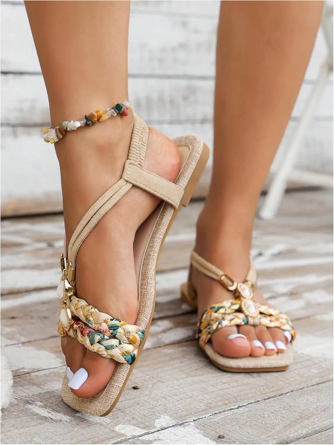 OYOANGLE Women's Floral Braided Slingback Sandals Boho Square Open Toe Slip On Ankle Strap Flat Sandals