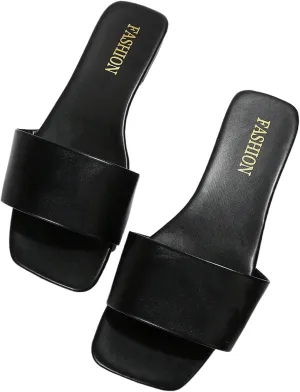 OYOANGLE Women's Leather Dressy Slide Sandals Square Open Toe Comfortable Flat Sandals